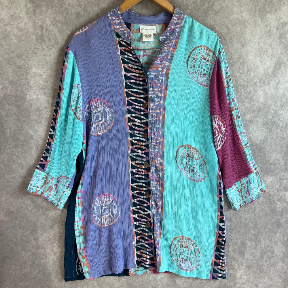 Soft Surroundings Tunic Women XL Blue Multicolor Batik Print Crinkle Rayon Boho
